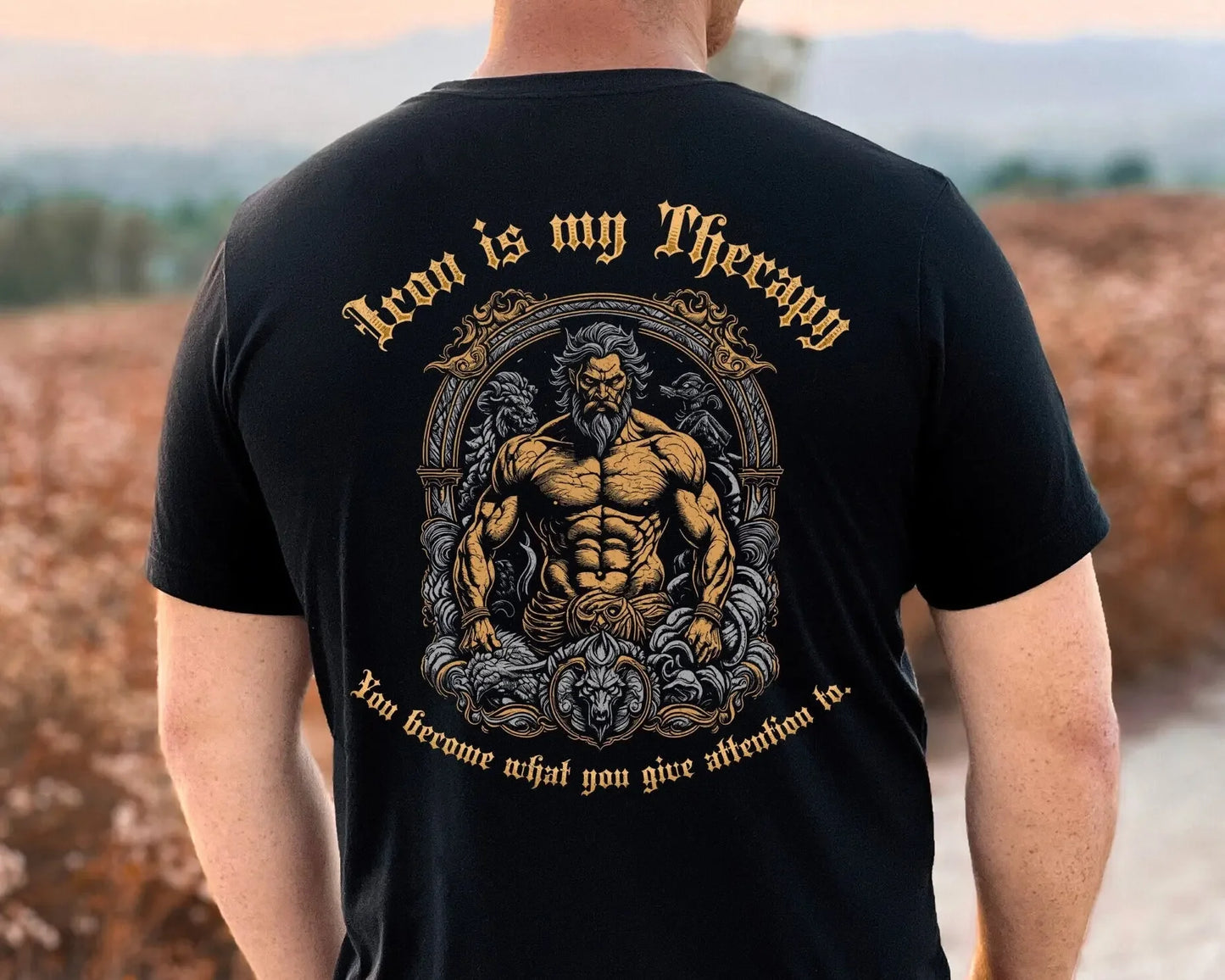 Iron is My Therapy Workout t shirt weight lifting for him muscular Poseidon image Motivational Gym Fitness enthusiast jacked